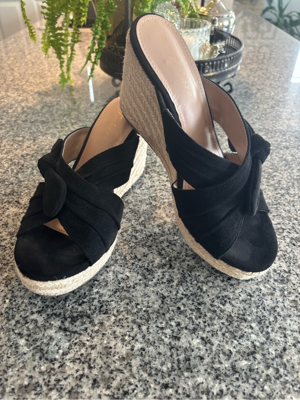 Black Knotted Espadrille Wedge Slides